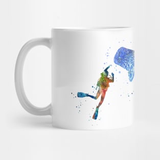 Scuba diver, blue whale shark Mug